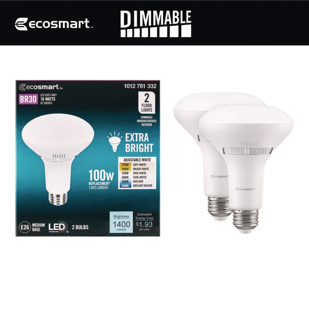 EcoSmart 100-Watt Equivalent BR30 Dimmable LED Flood Light Bulb with Selectable Color Temperature (2-Pack)