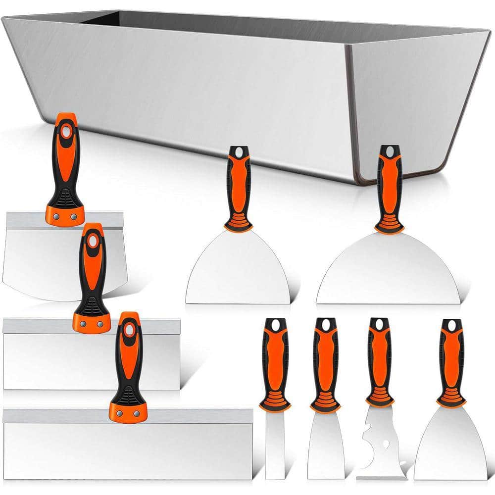 KIWDZFU 10-Piece Drywall Tools Finishing Set Stainless Steel Putty Knife Taping Knife Painter Scraper 14 Mud Pan Scoop (1)