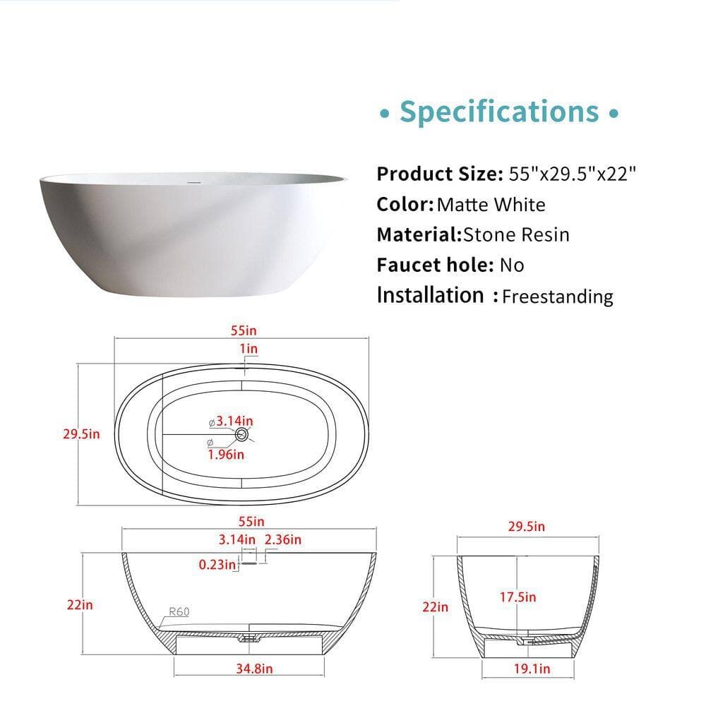 LUXSHERY 55 in. x 29.5 in. Solid Surface Soaking Bathtub with Center Drain in Matte White(Oval) with Overflow (2)