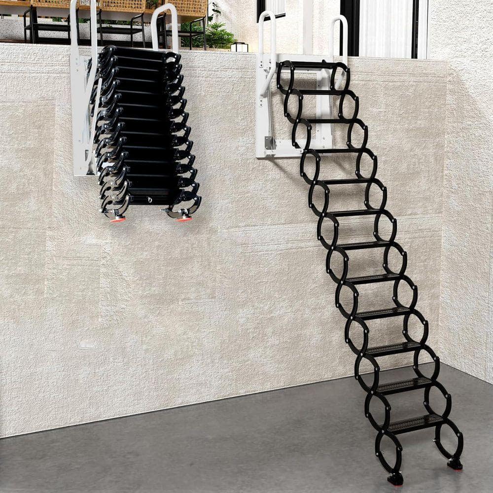 KIWDZFU 118" H, 12 Steps Wall-Mounted Folding Stairs Retractable Attic Ladder with Armrests Handle, 660 lb. Load Carbon Steel (2)