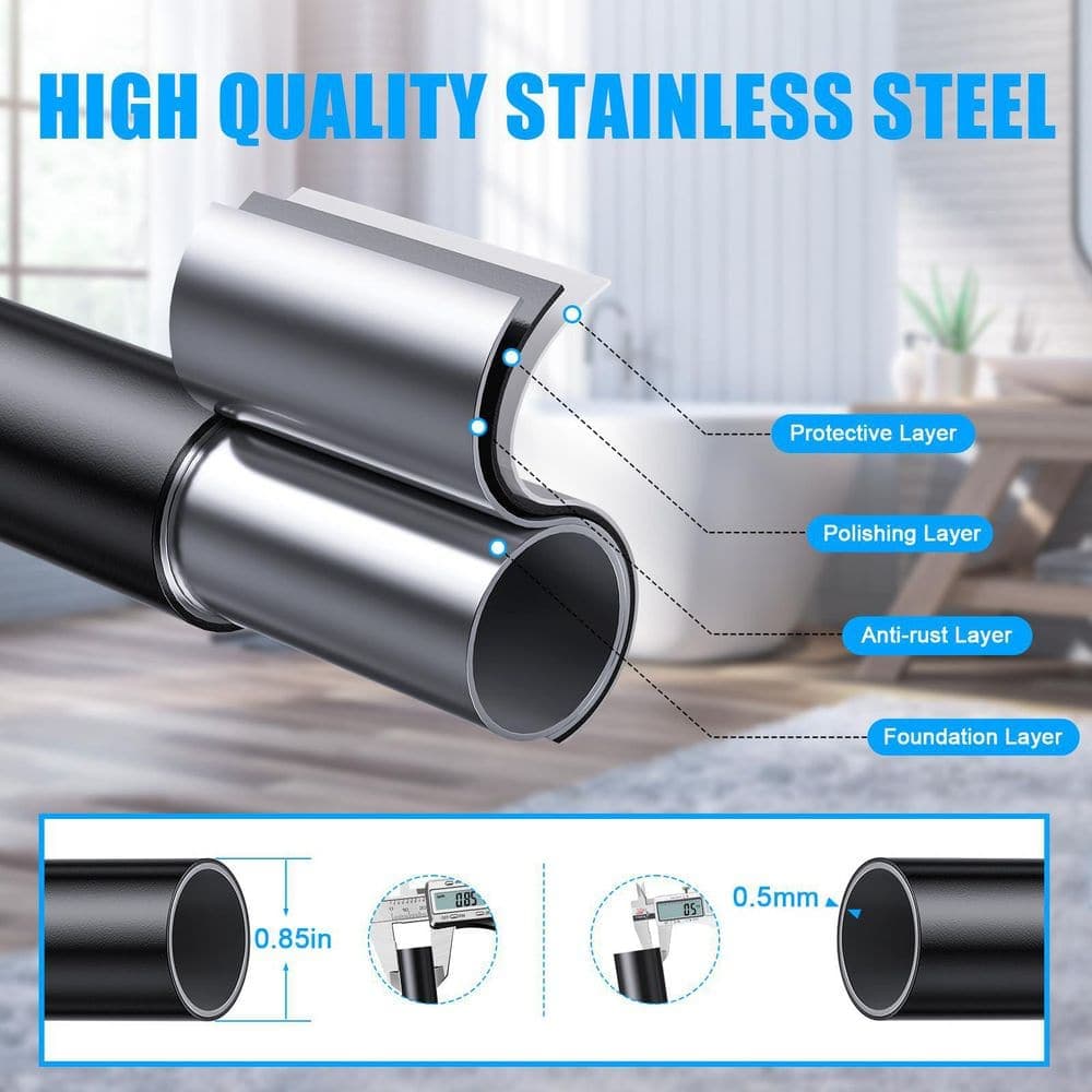 Wudkey 104 in. Adjustable Spring Tension Curtain Rod, Never Rust Anti-Slip Shower Curtain Rod for Bathroom, Black (3)