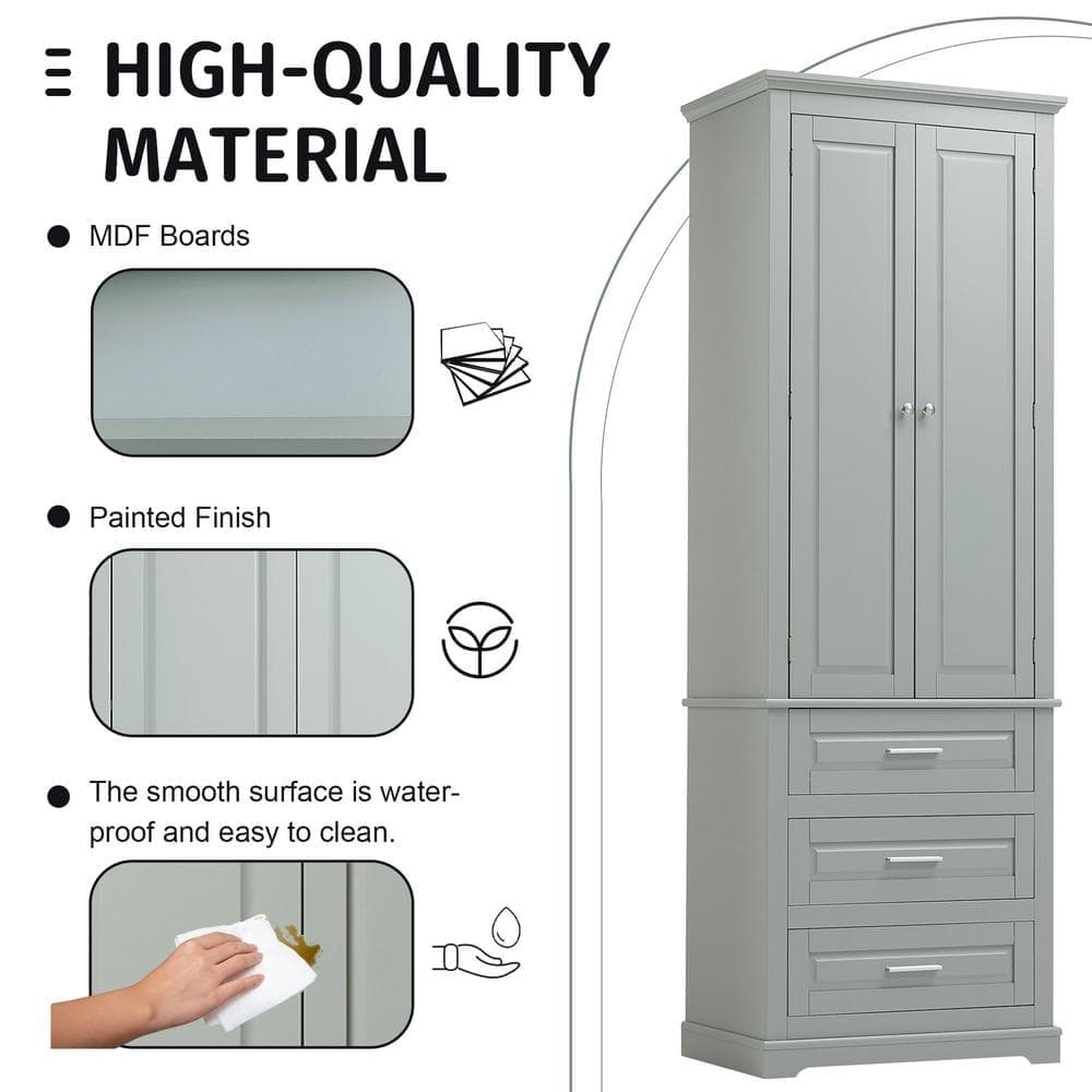 EPOWP 24 in. W 15.7 in. D 70 in. H Gray MDF Freestanding Tall Linen Cabinet with Adjustable Shelves and Drawers (3)