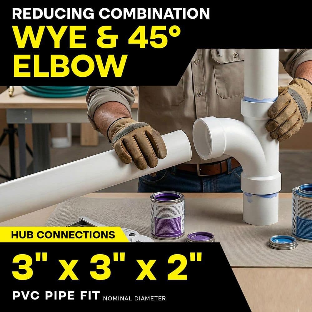 PLUMBFLEX 3 in. x 2 in. Rigid PVC DWV Wye & 1/8 Bend 45° Elbow Reducing Hub, 0.5 Ft Long, White PVC Drain, Schedule 40 (10 Pk) (2)