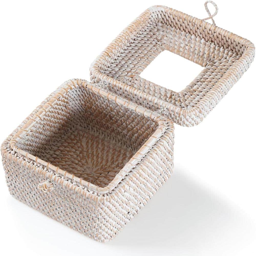 Whatseaso Rattan Square Tissue Box Cover with Hinged Top Lid in Whitewash