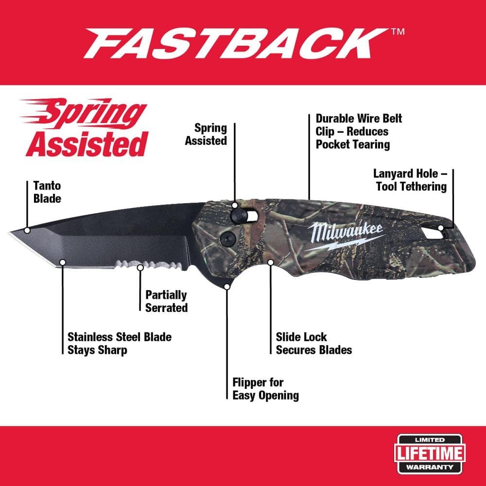 Milwaukee Fastback 2.5 in. Camo Stainless Steel Spring Assisted Folding Knife with Compact Auto Lock Tape Measure (2-Piece) (2)