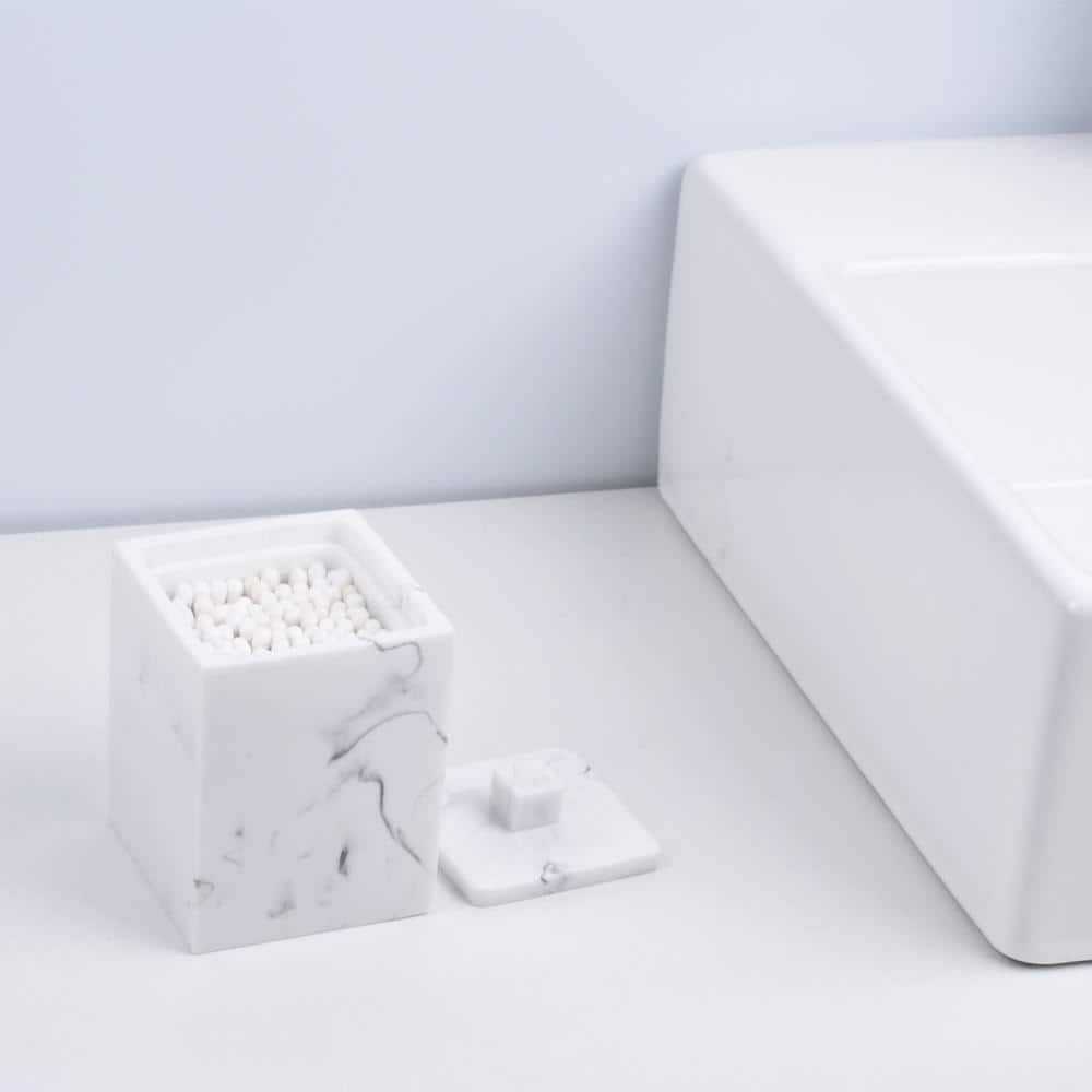 Unbranded Qtip Holder with Lid Marble Look Resin Vanity Storage for Bathroom, Square Cotton Swab Organizer, White (2)
