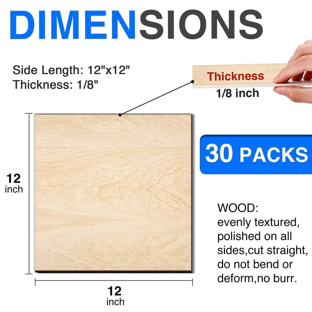 Afoxsos 1/8in. x 12in. x 12in. Basswood Project Panel, 30-Pack, Thin Plywood Sheet for Laser Cutting, DIY Craft & Wood Engraving (2)