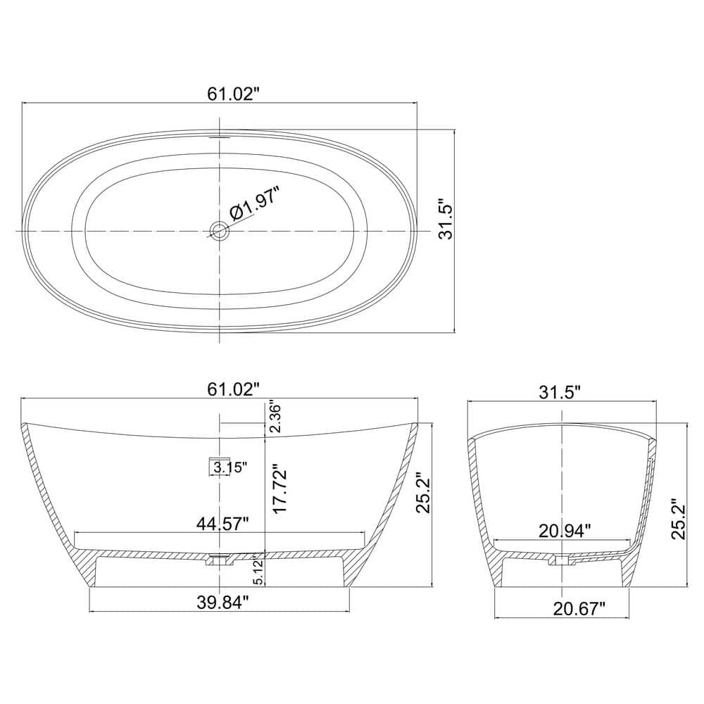 LIVACA 61.02 in. x 31.50 in. Flat Bottom Solid Surface Freestanding Soaking Bathtub with Center Drain in Matte White (2)