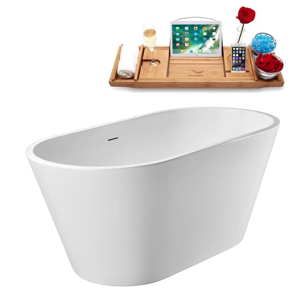 Streamline 55 in. x 28 in. Acrylic Freestanding Soaking Bathtub in Glossy White with Matte Black Drain, Bamboo Tray (3)