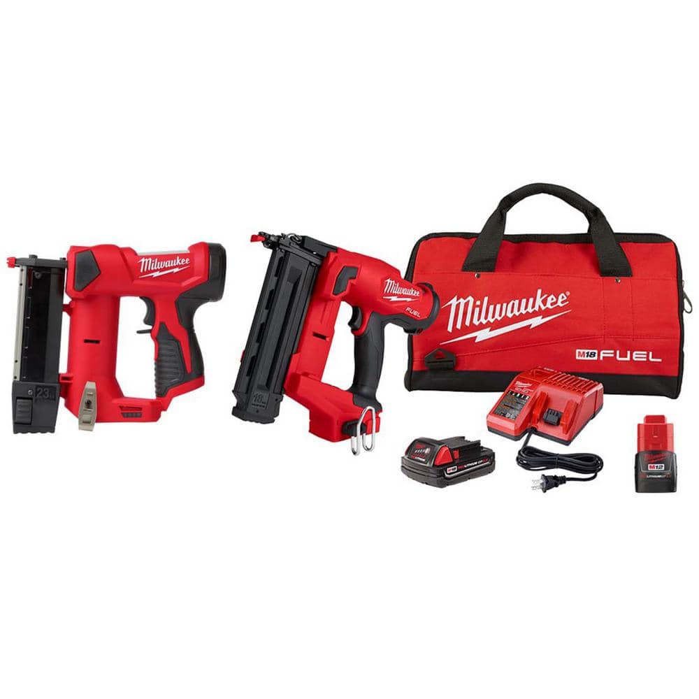 Milwaukee M18 FUEL 18-Volt Brushless Cordless 18-Gauge Brad Nailer Kit w/M12 23-Gauge Cordless Pin Nailer & M12 2.0AH Battery (1)