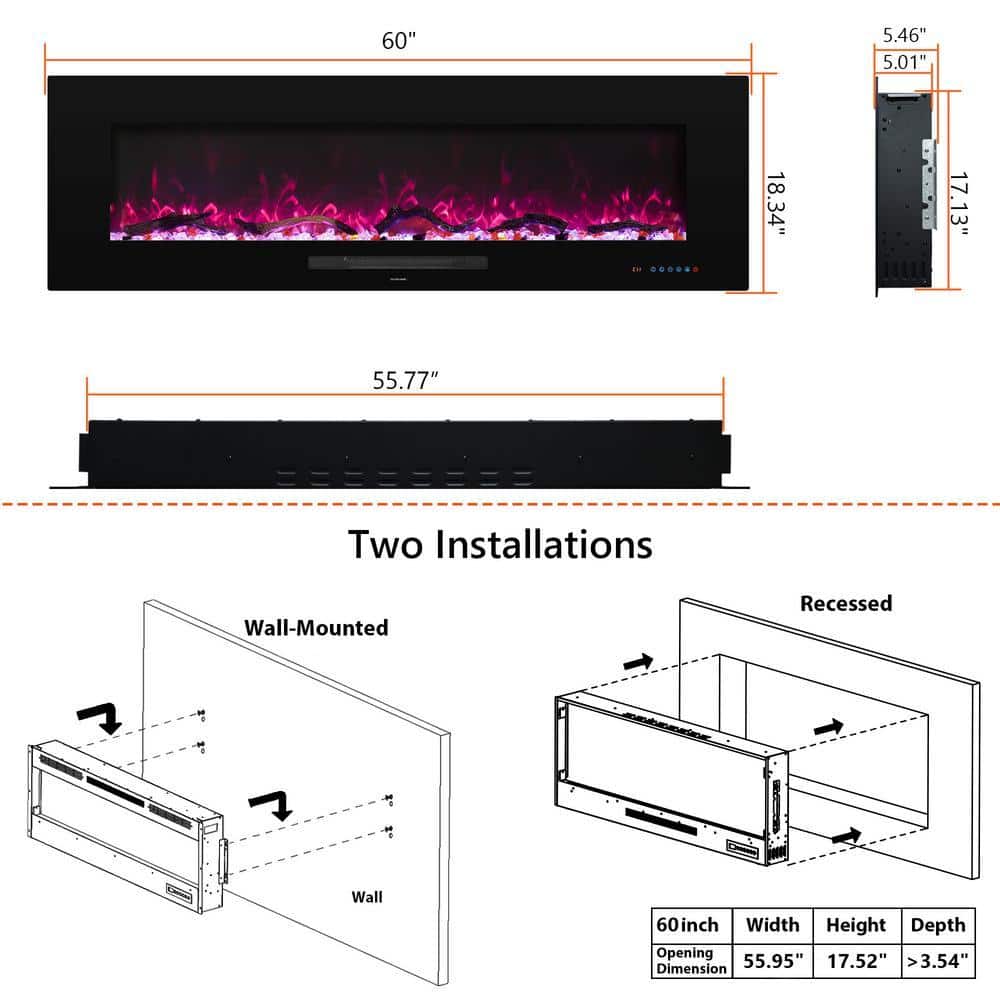 Prismaster ...keeps your home stylish 60 in. Electric Fireplace, Fireplace Insert/Wall Mounted with Thermostat, 1500-Watt to 750-Watt in Black (2)