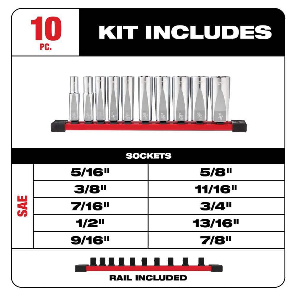 Milwaukee 3/8 in. Drive SAE Deep Well 6-Point Socket Set (10-Piece) (3)