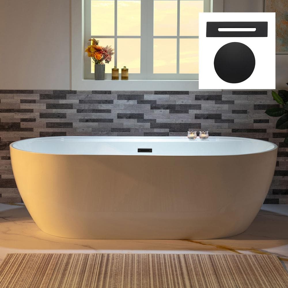 WOODBRIDGE 72 in. x 35.375 in. Acrylic Flat Bottom Soaking Bathtub with Center Drain in White with Matte Black (2)