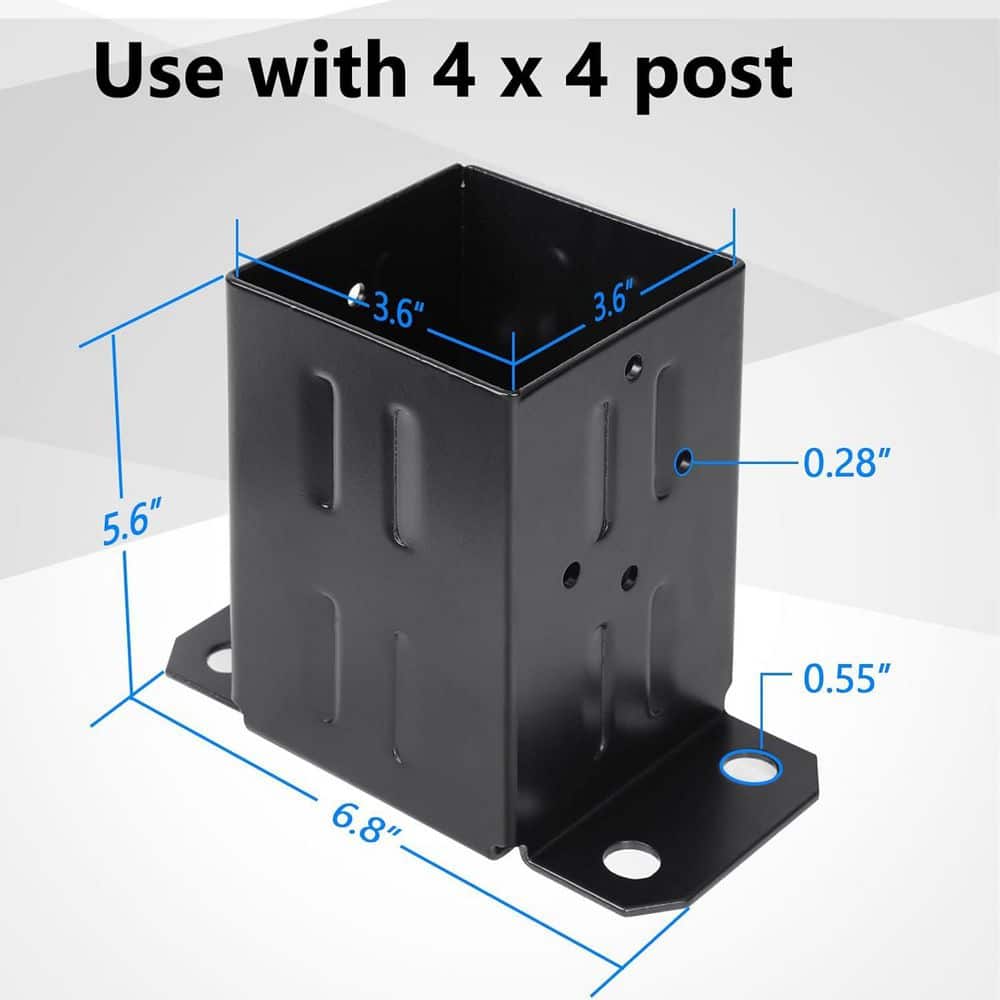 Afoxsos Thick Steel Black Powder Coated 4x4 Wood Fence Post Anchor Base with Screws and Concrete Anchors (2-Pack) (2)