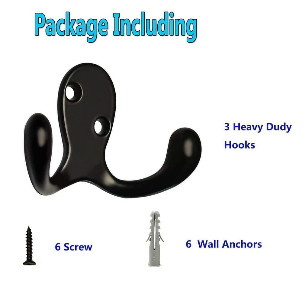 Unbranded Black J-Hook Hook Type 3-Pack Zinc Alloy Double Prong Wall Drill Mount Coat Robe Hook Towel Hook for Bathroom Kitchen (3)