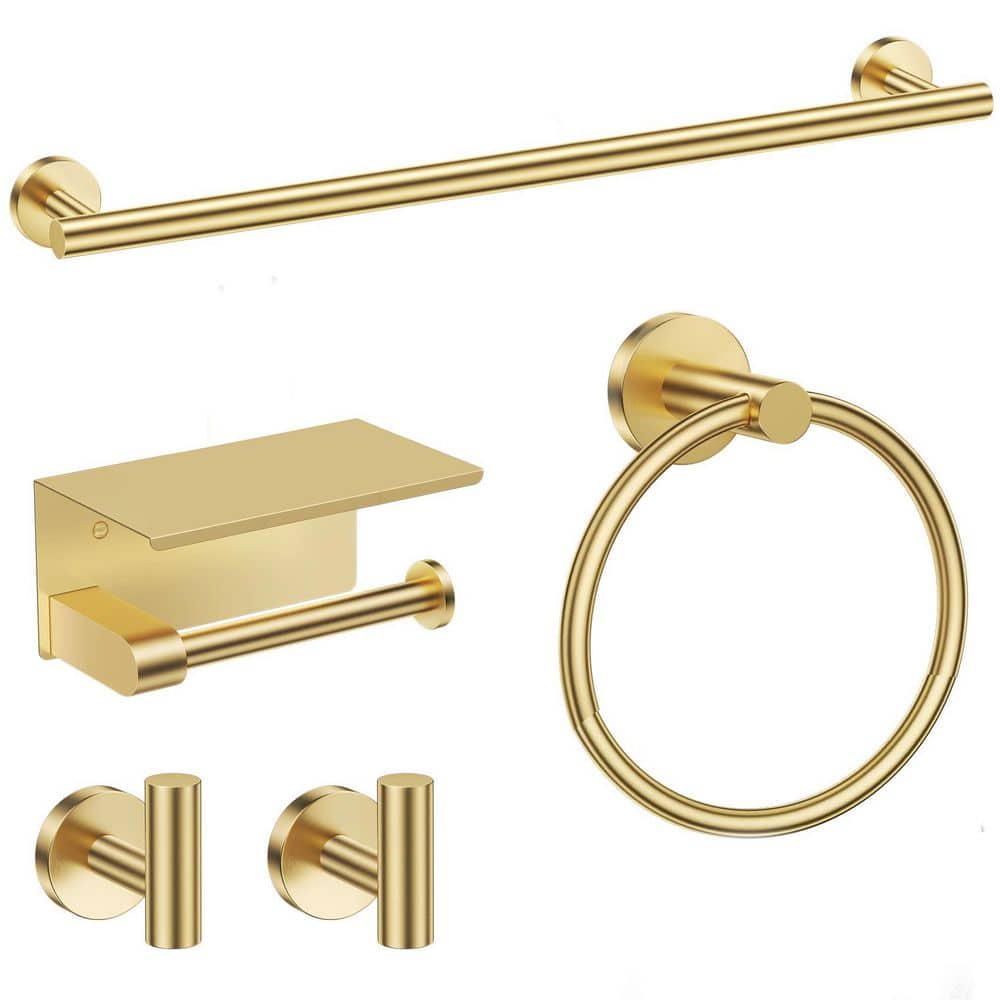 LAIFUCAM 5-Piece Towel Bar Set with Toilet Paper Holder Shelf Towel Ring Hooks in Brushed Gold Stainless Steel
