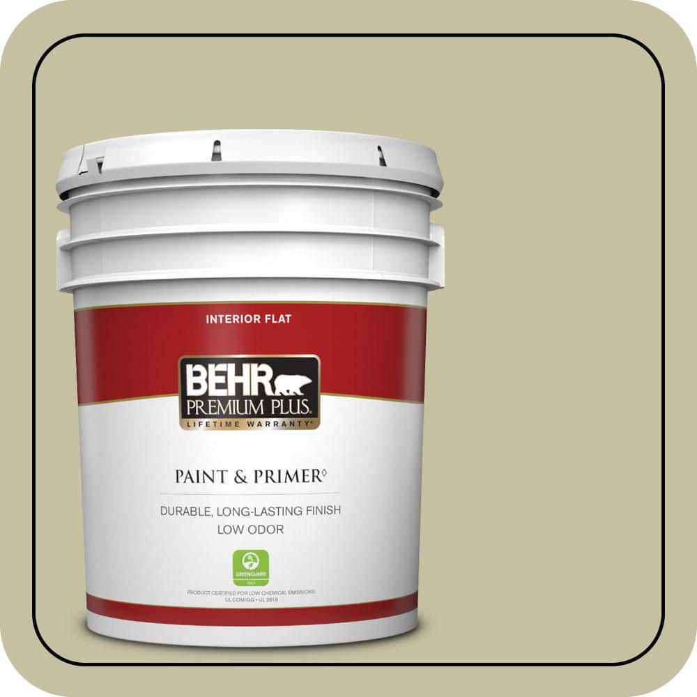 BEHR PREMIUM PLUS 5 gal. #S350-3 Washed Olive Flat Low Odor Interior Paint & Primer