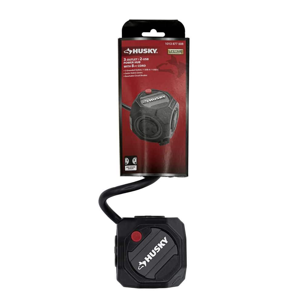 Husky 8 ft. Power Ball Extension Cord with 3-Outlet, 2 USB ports, dust covers, in a rugged, compact design. (2)