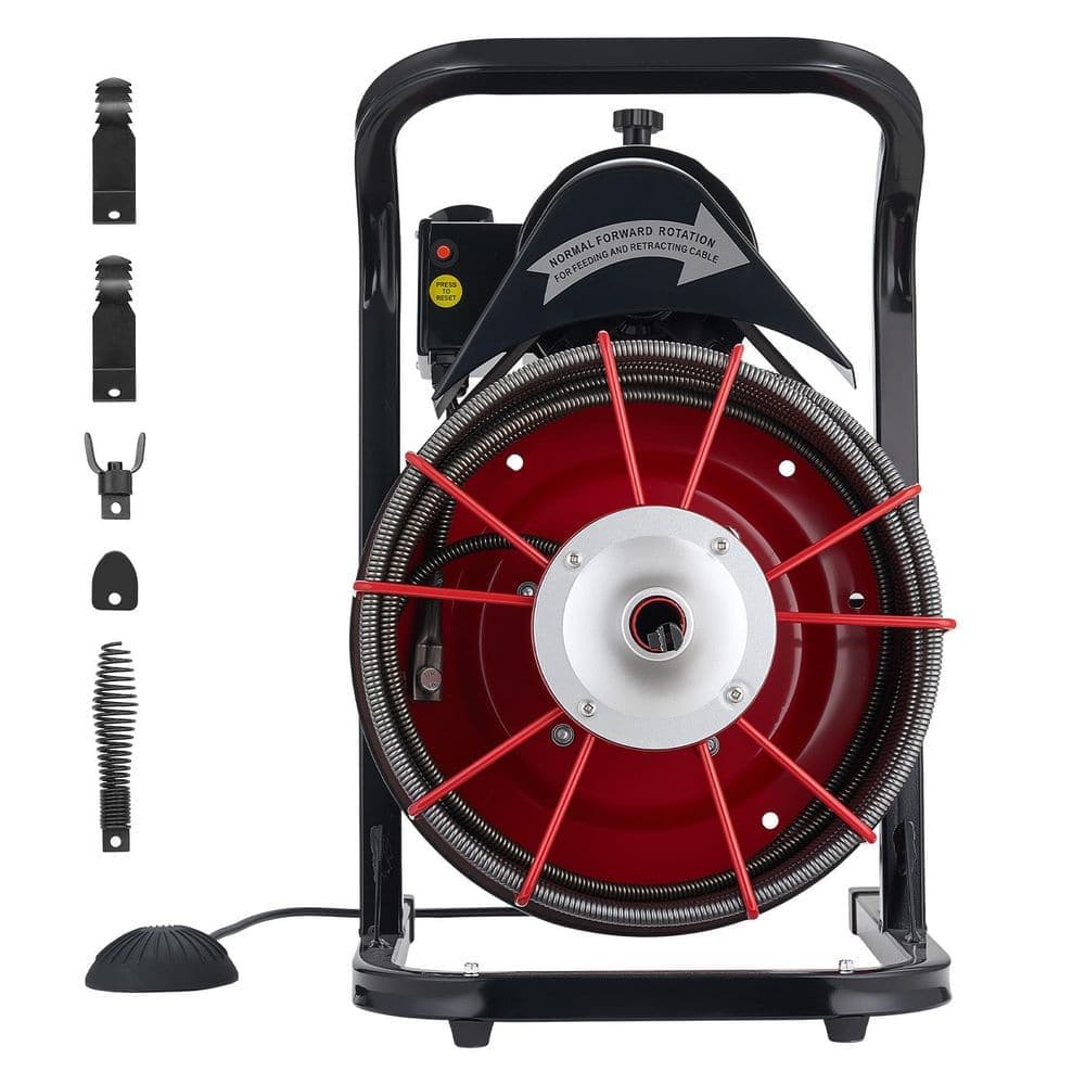 SKYSHALO Drain Cleaner Machine w./ Manual Feed 50 ft. x 1/2 in. Sewer Snake Auger 4 Cutters and Air Foot Switch for 2-6 in. Pipes