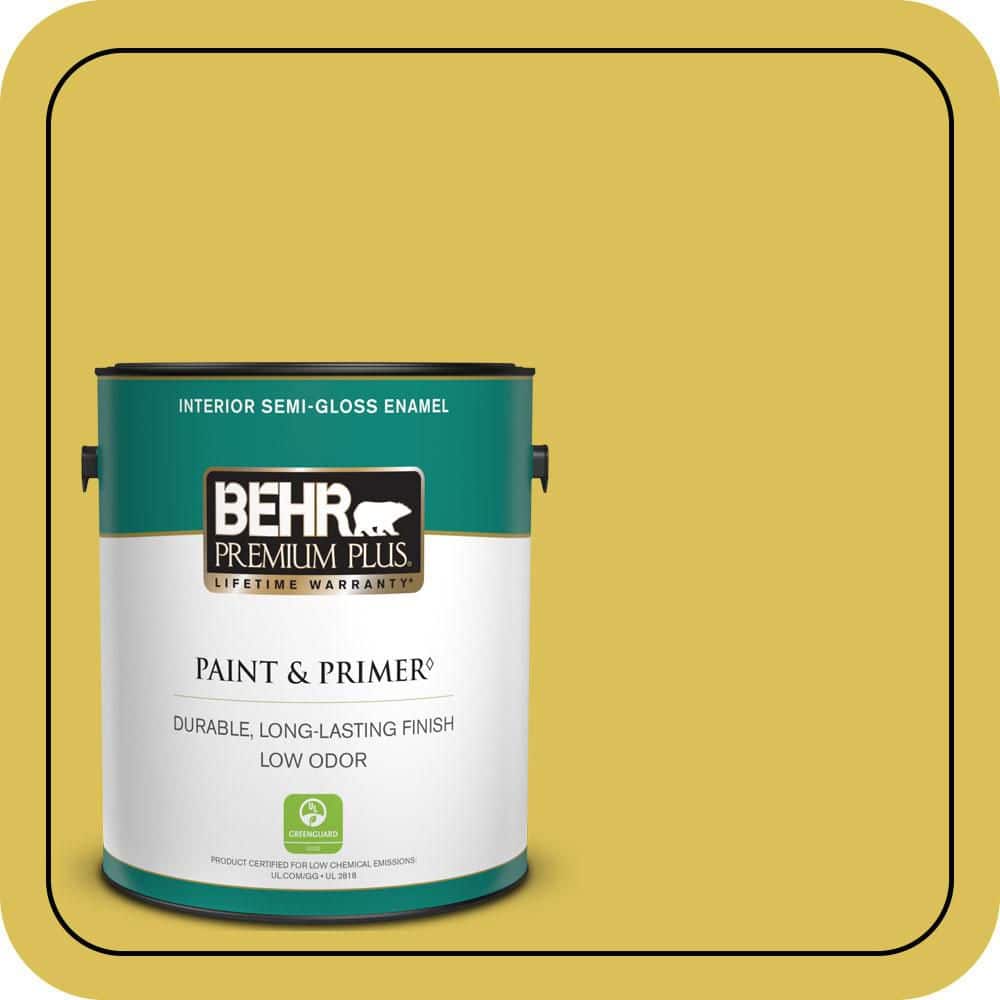BEHR PREMIUM PLUS 1 gal. #P320-6 Sulfur Yellow Semi-Gloss Enamel Low Odor Interior Paint & Primer