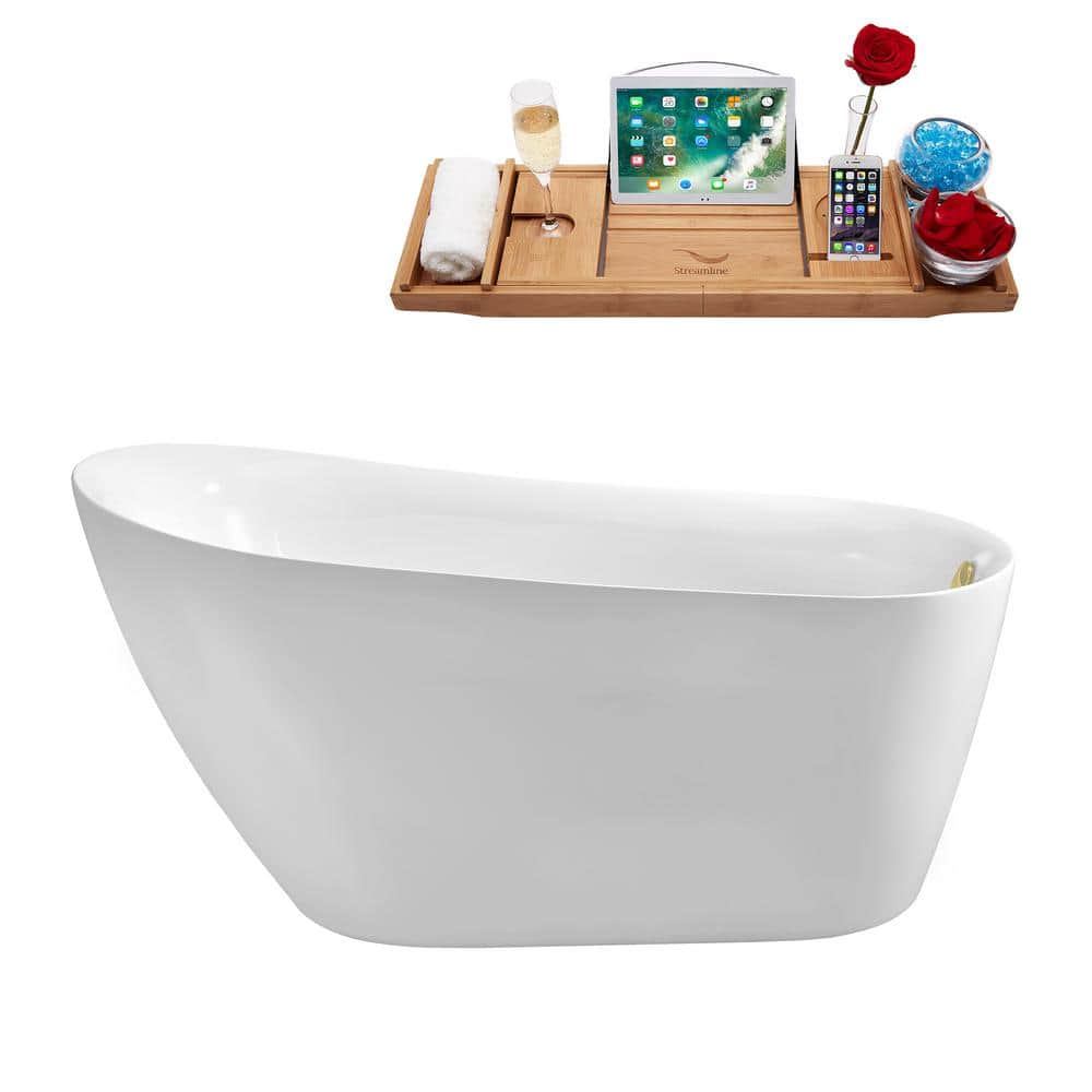 Streamline 63 in. x 30 in. Acrylic Freestanding Soaking Bathtub in Glossy White With Polished Brass Drain (1)