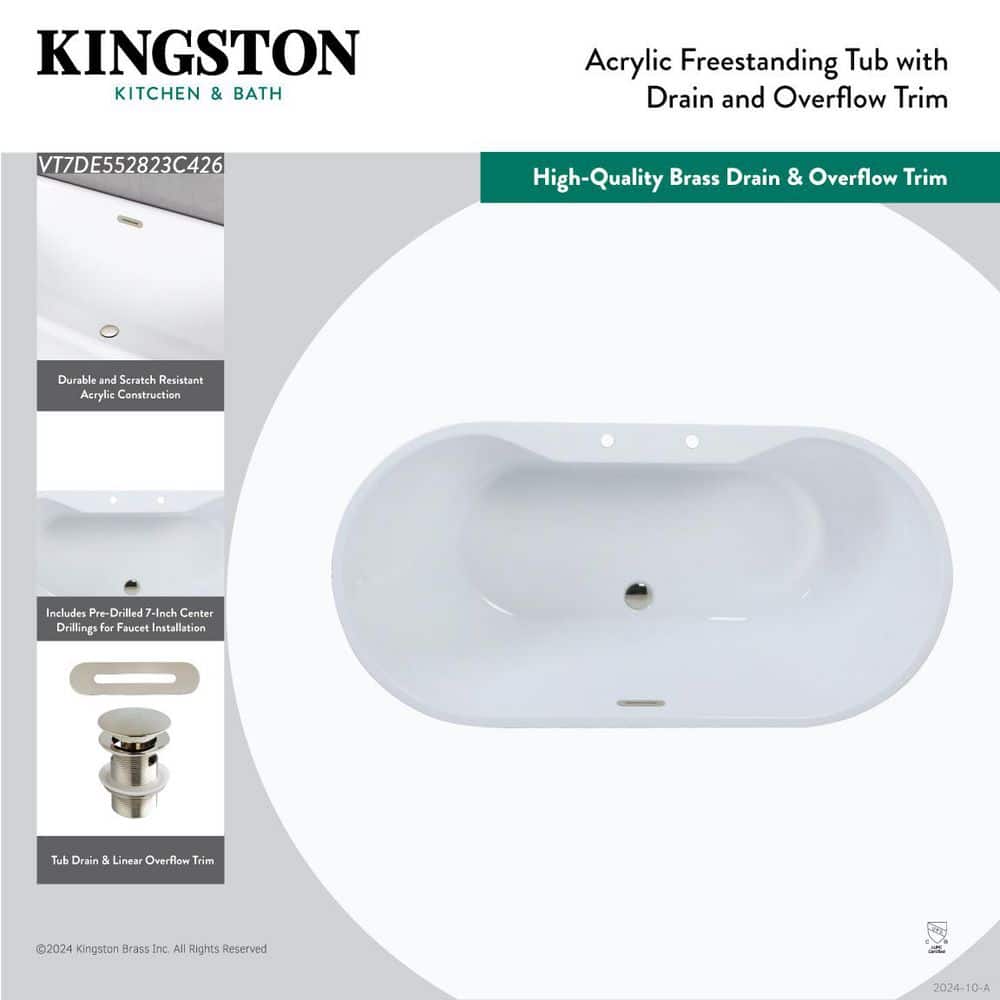 Kingston Brass Aqua Eden 55 in. x 27.4 in. Acrylic Flatbottom Soaking Freestanding Bathtub in Glossy White/Brushed Brass with Drain (3)