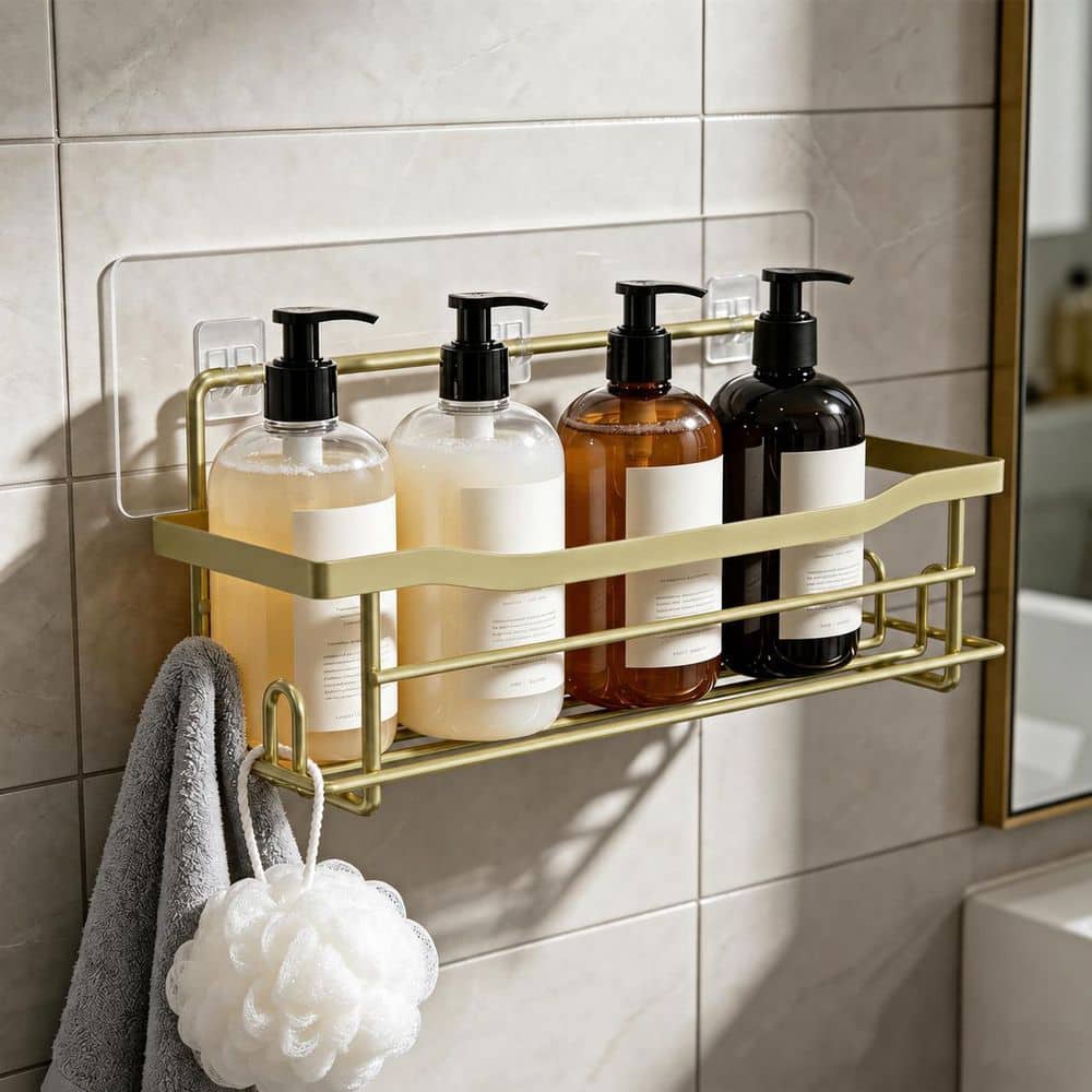 Unbranded Brushed Nickel Single Pack Matte Gold Finish Adhesive Shower Caddy Shelf No-Drill Wall Mounted Organizer for Bath (2)