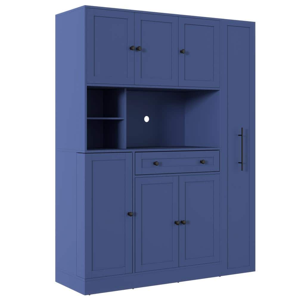COWLOWN 52.8 in. W x 17.7 in. D x 70 in. H Blue Linen Cabinet with Pull-Out Side Cabinet, Door Shelves and Drawer (1)