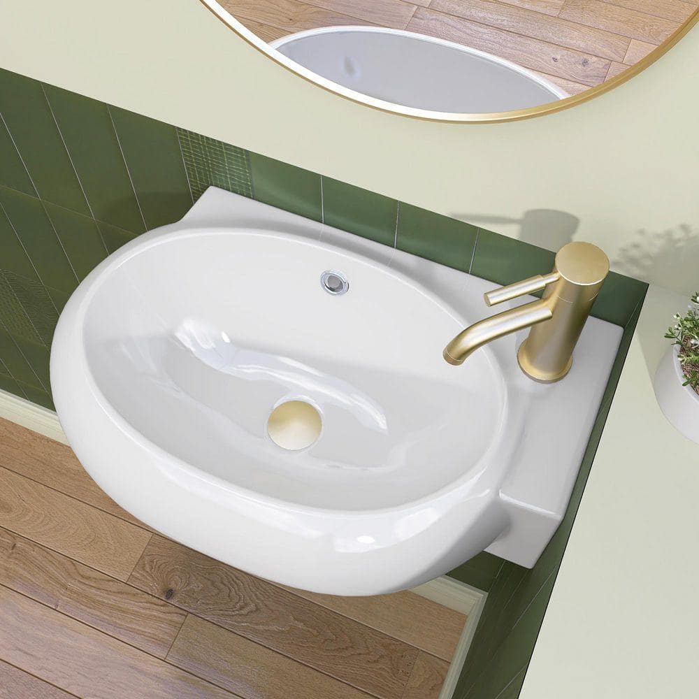 NTQ 16.9 in. W x 11 in. D x 5.9 in.H Ceramic Oval Small White Wall-Mounted Bath Vessel Sink Single Bowl w/ Right Faucet Hole (1)