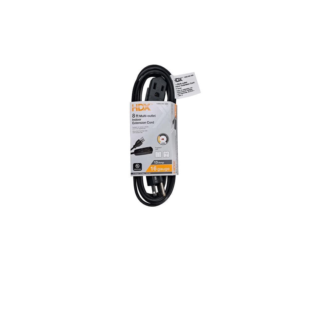 HDX 8ft. 16/3 Light Duty Indoor Multi-Outlet Extension Cord with Banana Tap, Black (1)