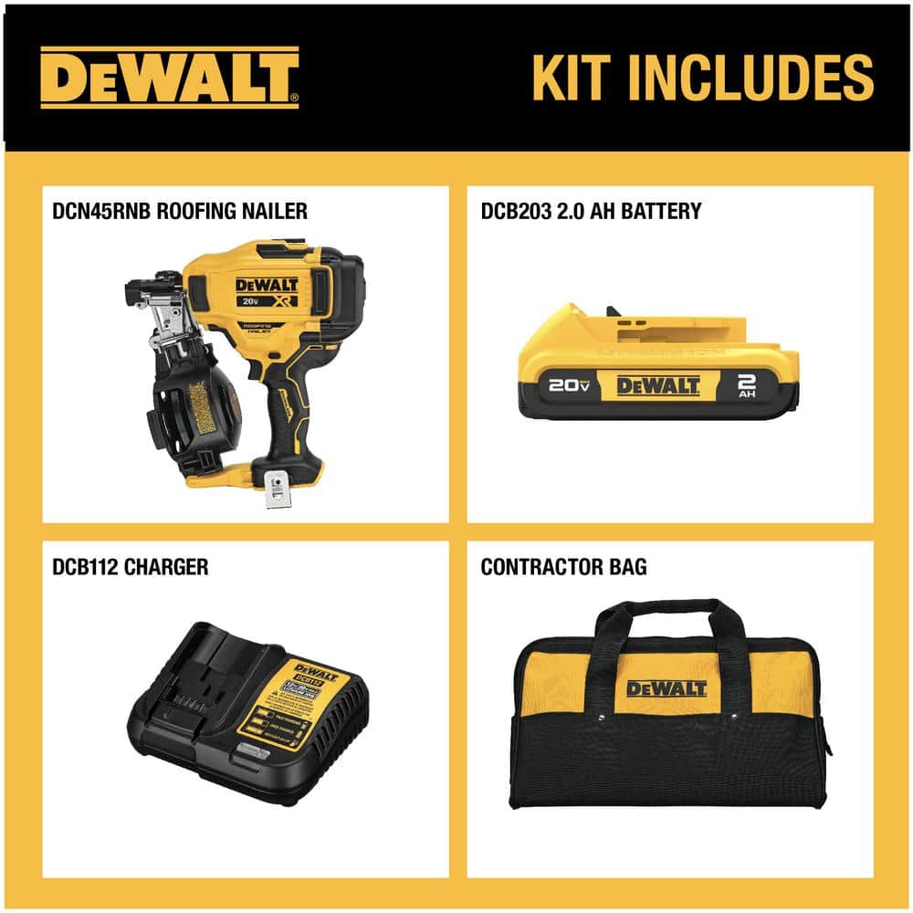 DEWALT 20V MAX Lithium-Ion 15-Degree Electric Cordless Roofing Nailer Kit with 2.0Ah Battery Charger and Bag (2)