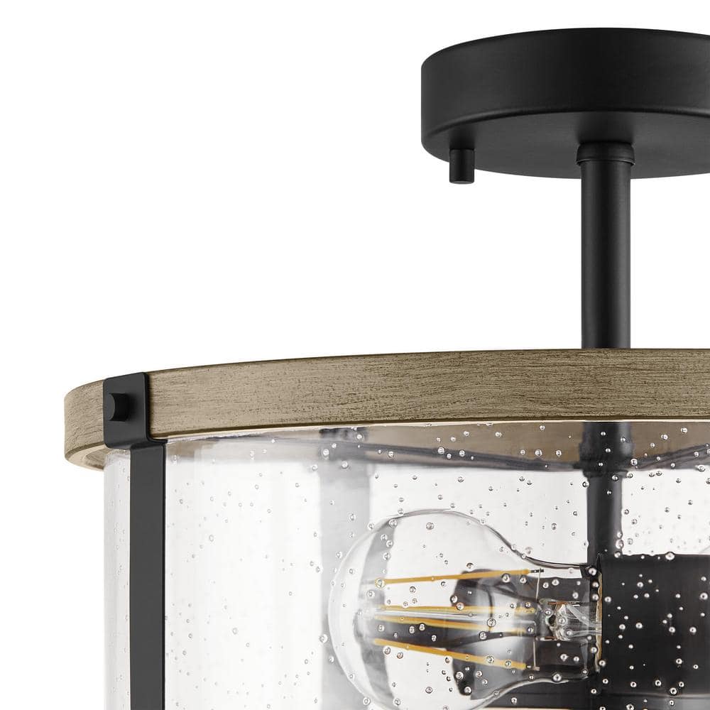 Hampton Bay Richland 2-Light Grey Wood Semi Flush Mount Clear Seedy Glass (4)