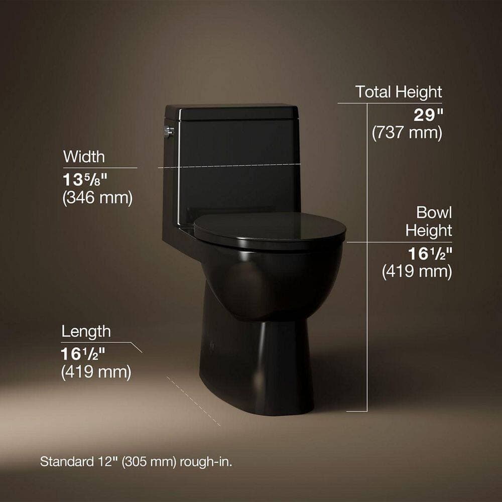 KOHLER Reach 12 inch 1-piece 1.28 GPF Single Flush Elongated Toilet in Black Seat Included (2)
