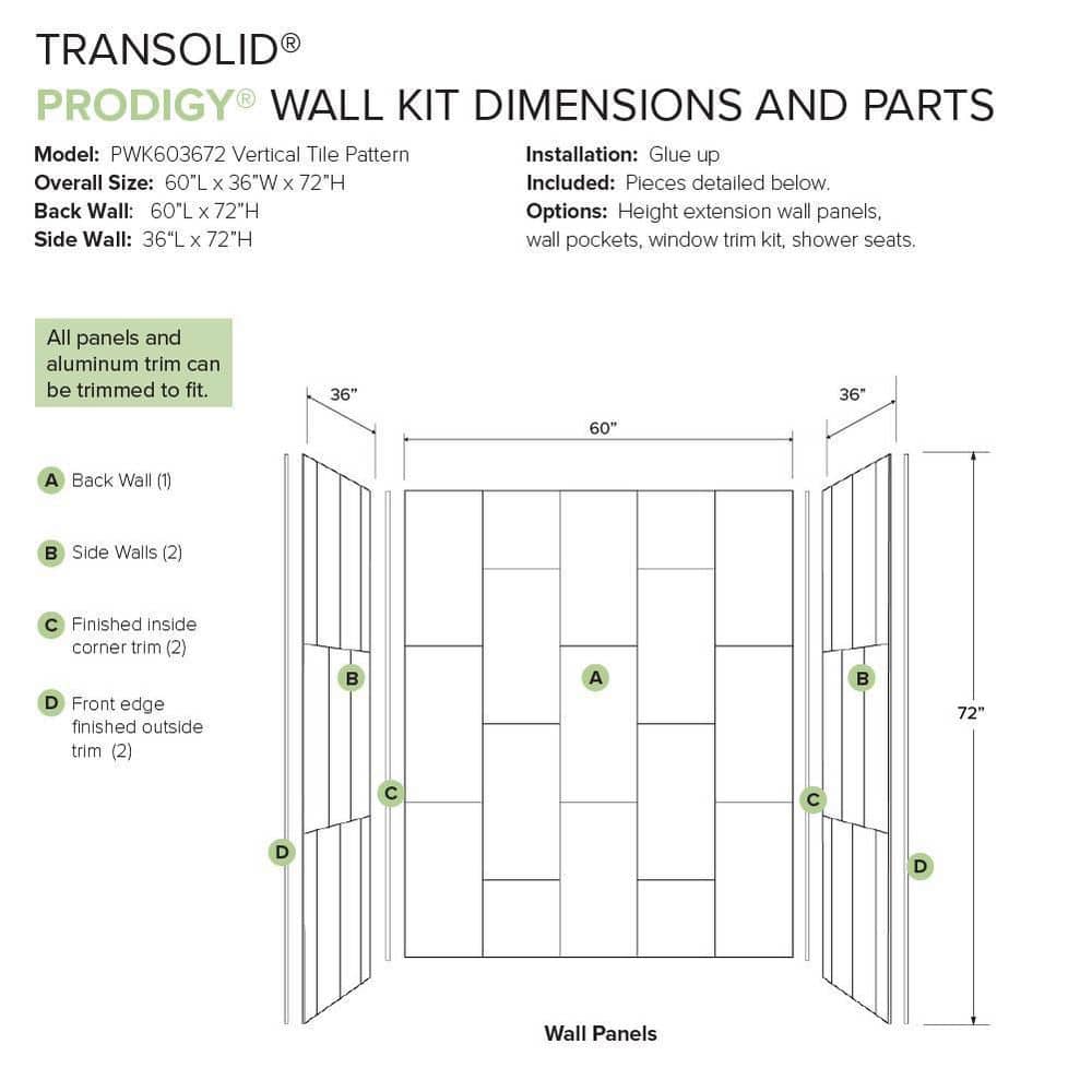 Transolid Prodigy 60 in. W x 72 in. H x 36 in. D 3-Piece Glue-Up Alcove Shower Surround in Dark Grey Vertical Tile (3)