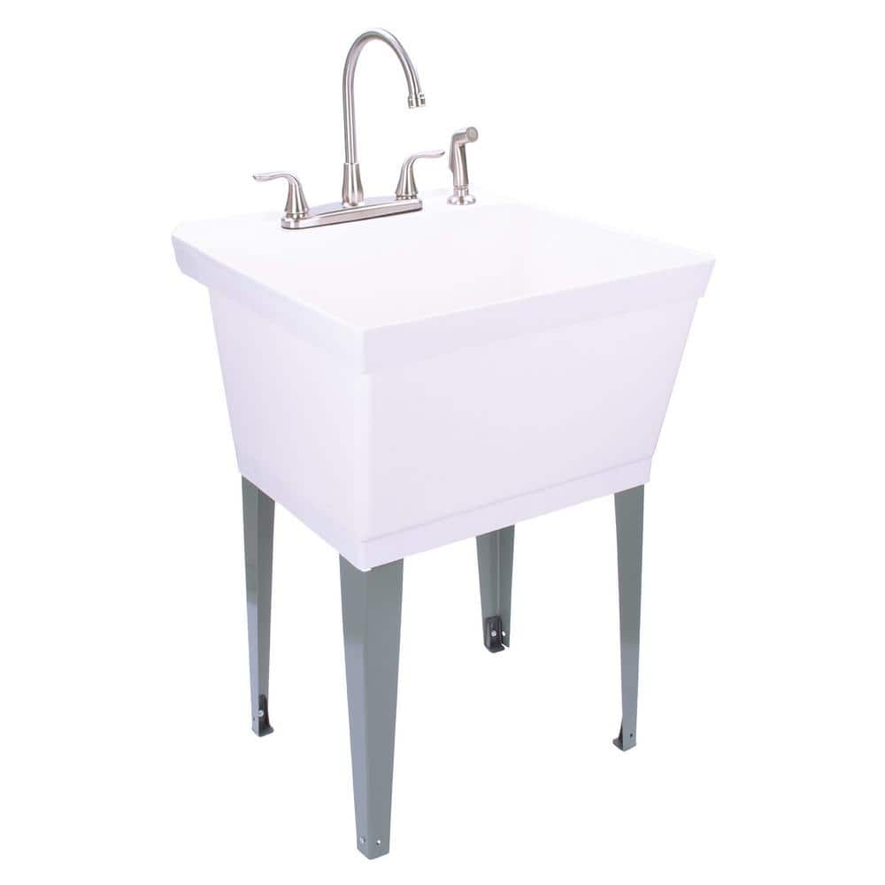 TEHILA Complete 22.875 in. x 23.5 in. White Utility Sink Set with Metal Hybrid Stainless Steel High Rise Faucet & Side Sprayer