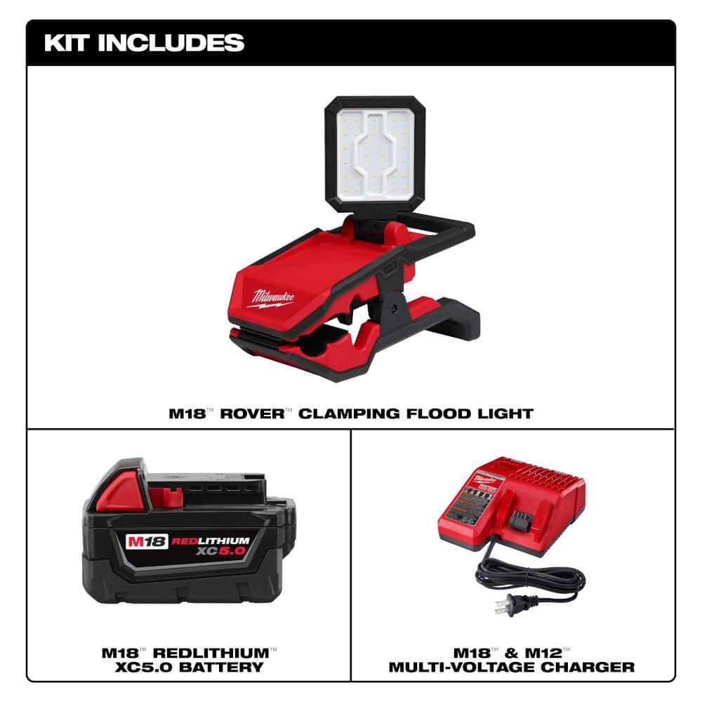 Milwaukee M18 18-Volt 2000 Lumens Lithium-Ion Cordless Rover LED Clamping Flood Light w/ (1) 5Ah Battery & Charger (2)