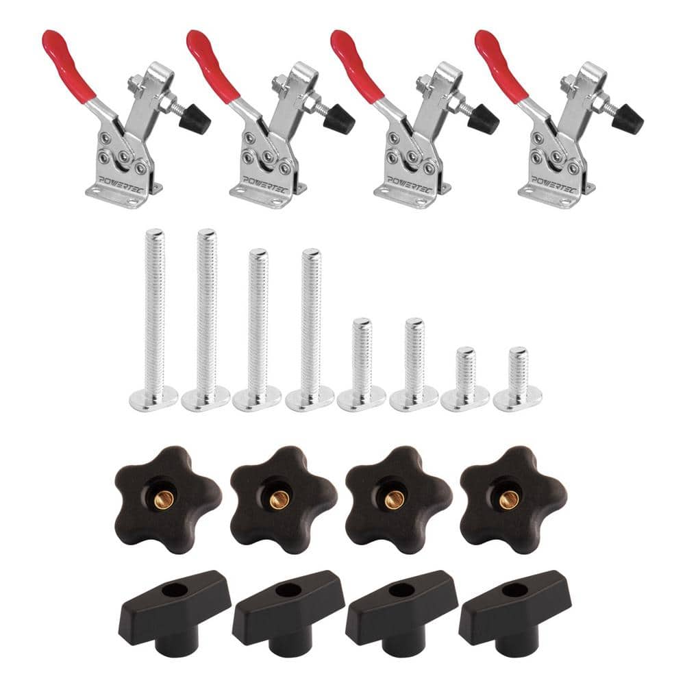 ‎POWERTEC 300 lbs. Quick Release Horizontal 201B Toggle Clamp, 4-7/8 in. Max Opening with Set of 16 T-Track Knob Kit for T Track (1)