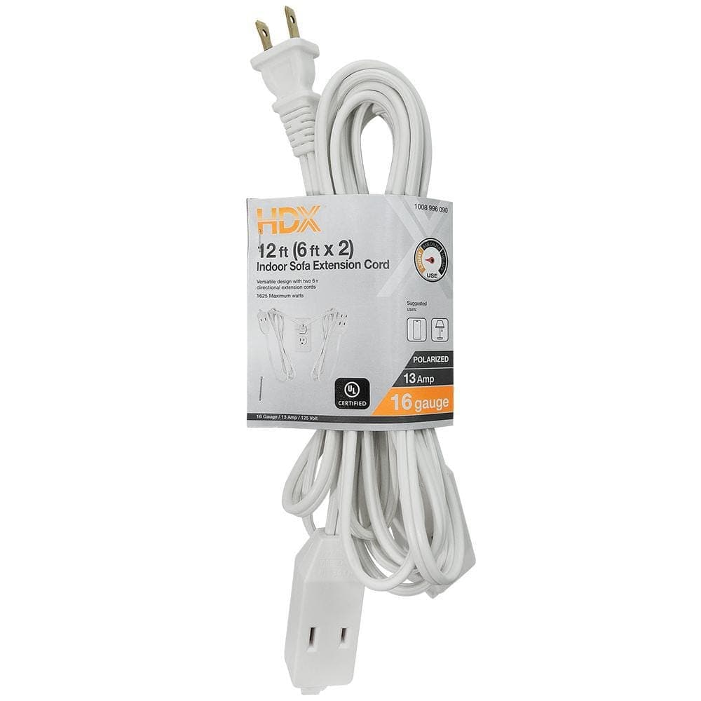 HDX 12ft. 16/2 Light Duty Indoor Multi-Outlet Extension Cord with Twin Ends, White (1)