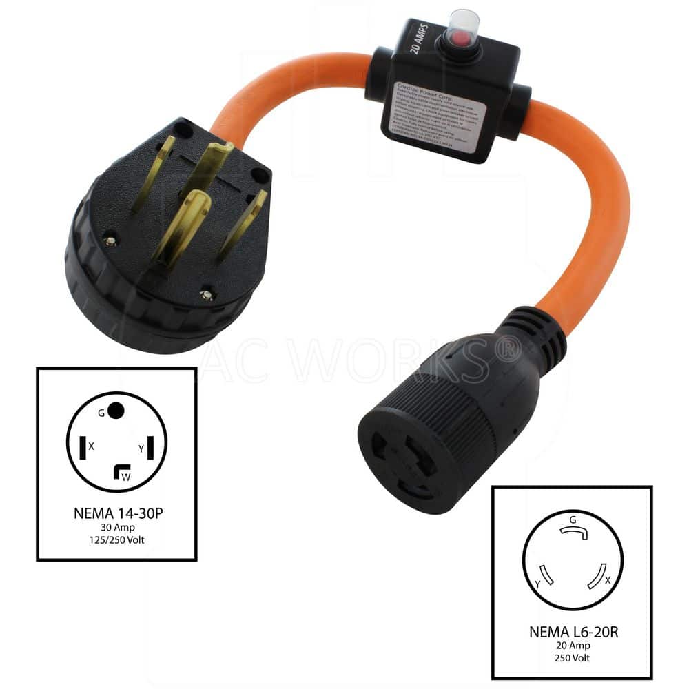 AC WORKS 30A 4-Prong 14-30P Dryer Plug to L6-20 Outlet with 20A Inline Breaker 1.5 ft. 10 / 3 STW Indoor/Outdoor Cord in Orange (2)