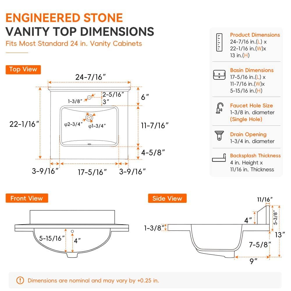 CRENRIDGE VELOR 24 in. W x 22 in. D Carrara White Cultured Marble Single Sink Bathroom Vanity Top with 4 in. Backsplash (3)