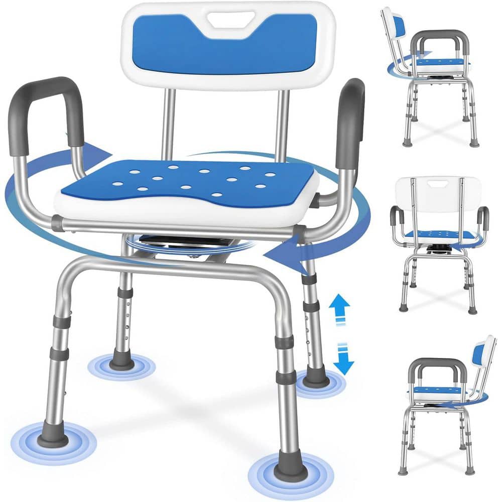 Anqtovp 17.7 in. W Freestanding 360° Swivel Seat, Adjustable Height, Arms and Back Shower Chair in Blue (1)