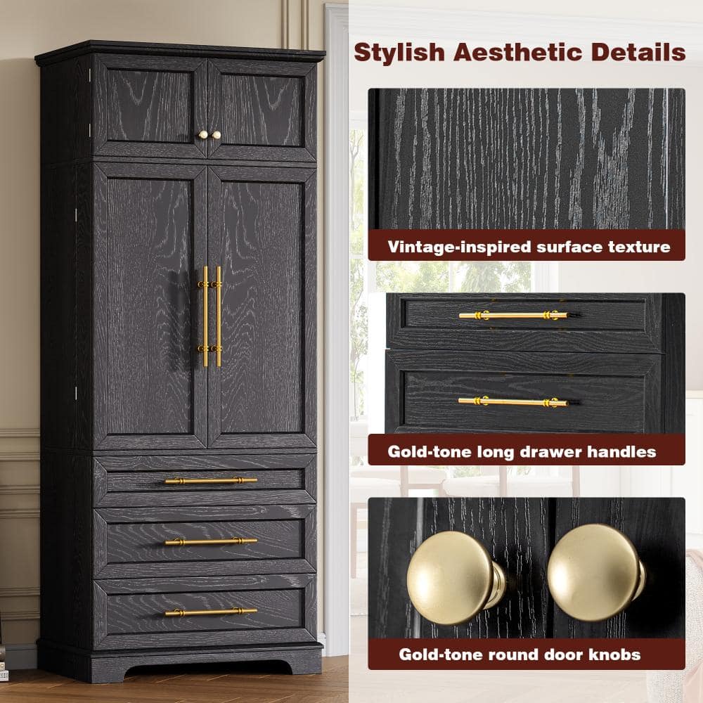 COWLOWN 31.5 in. W x 15.75 in. D x 78.2 in. H Black Linen Cabinet with 8 Door Shelves, 3 Adjustable Shelves, 3 Large Drawers (3)