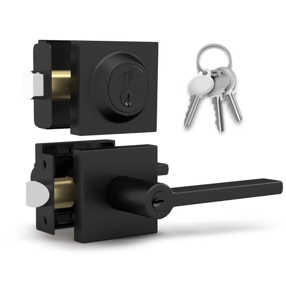 Mega Handles Prime Entrance Combo Entry Lever Door Handle Deadbolt Lock Key Combo Pack - Matte Black (1)