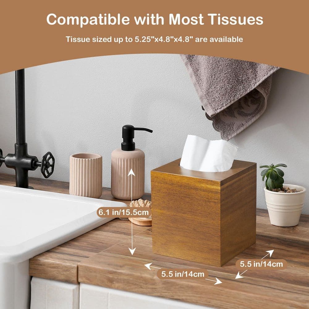 KHKFY Acacia Wood Tissue Box Cover, Square Thick Wooden Holder for Cube Boxes, Smooth Polished Decor for Home (3)