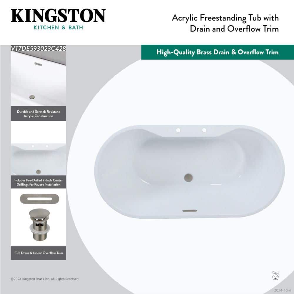 Kingston Brass Aqua Eden 59 in. x 29.3 in. Acrylic Flatbottom Soaking Freestanding Bathtub in Glossy White/Polished Nickel with Drain (3)
