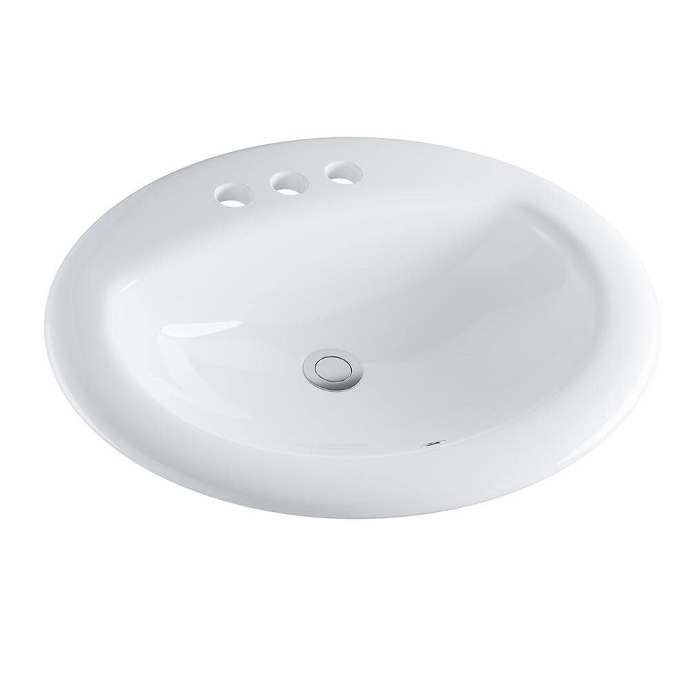 Dekorman Santa Monica 20 in. Bathroom Sink in White Ceramic Oval Drop-in with Overflow and 4 in. Faucet Holes (2)