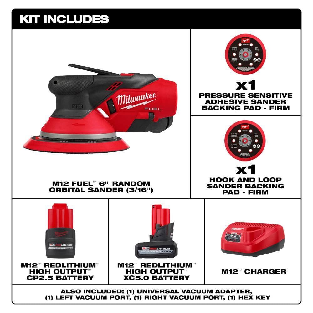 Milwaukee M12 FUEL 12-Volt Li-Ion Brushless Cordless 6 in. Random Orbital Sander Kit (3/16 in) wM12 5.0Ah,2.5Ah Batteries,&Light (2)