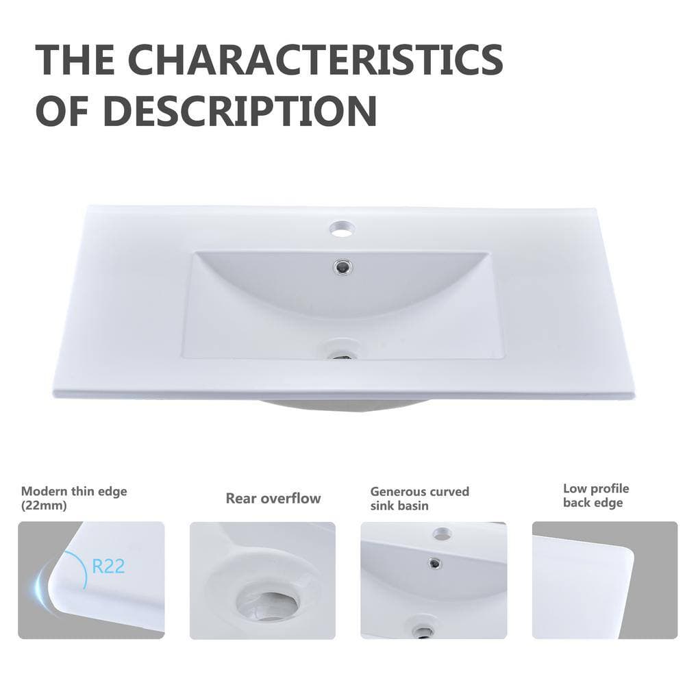 YASINU SQ 32 in. W 18 in. D Ceramic Vanity Top Integrated Rectangle Basin Sink White (3)