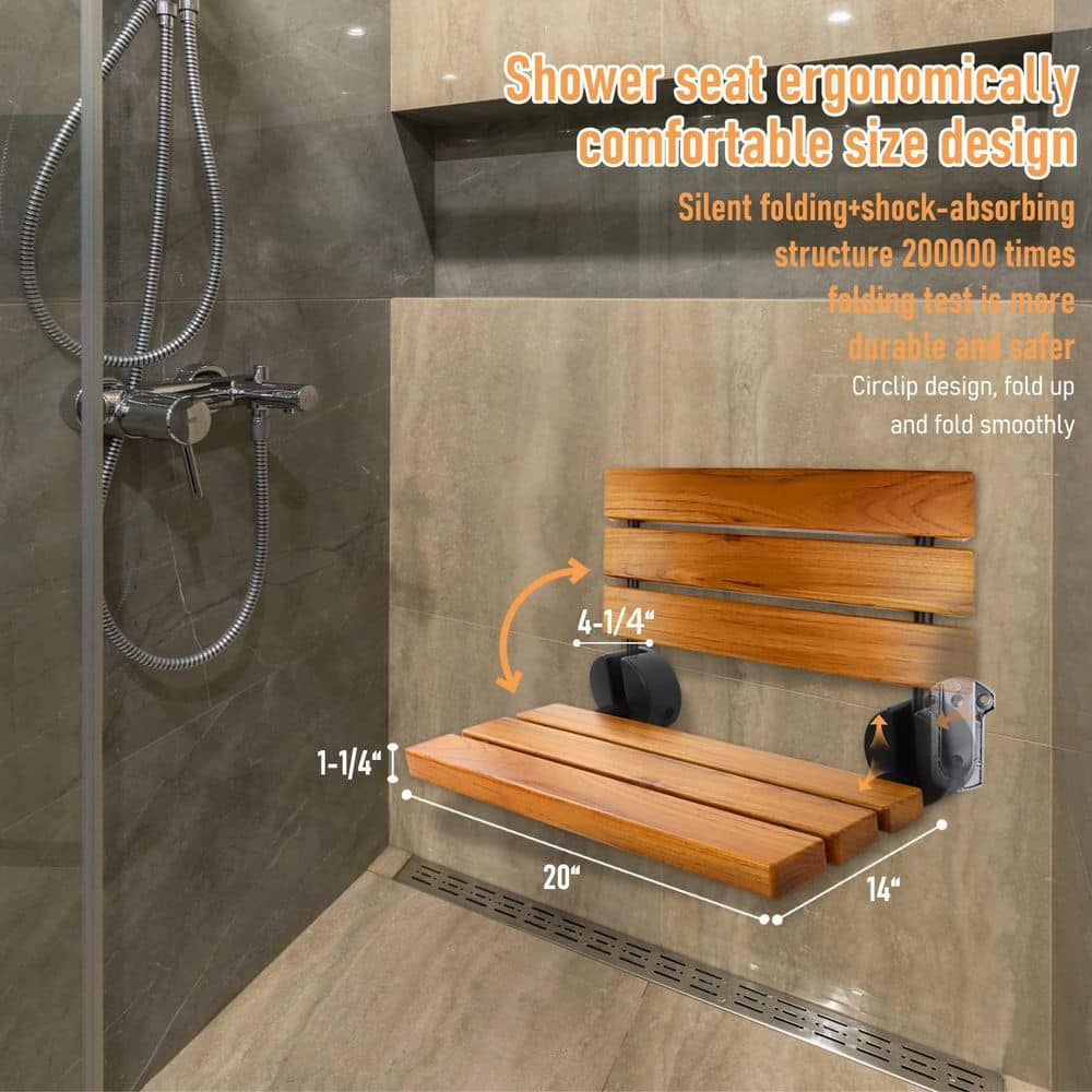 Numhew 20 in. Wall Mounted Folding Teak Shower Seat in Black and Yellow, Fold Down Shower Bench, Teak Wood Stool (2)
