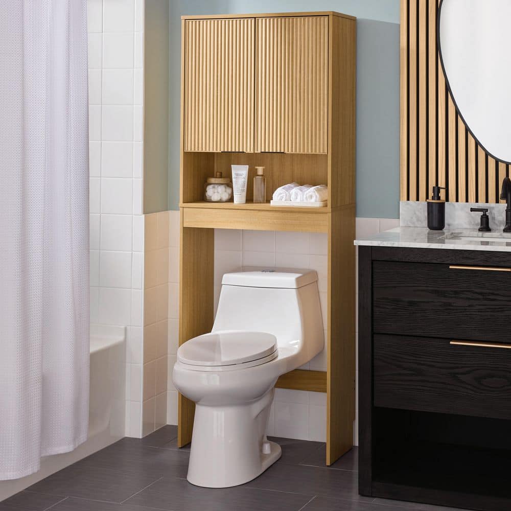 Glacier Bay 26 in. W x 68 in. H x 11 in. D Fluted Natural Oak Over The Toilet Storage Cabinet with Doors